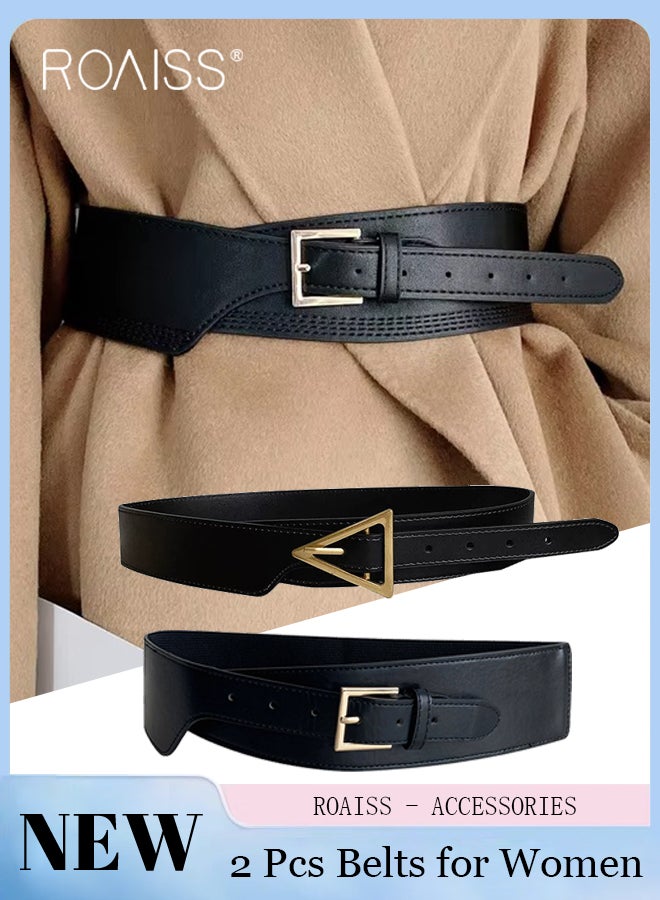2 Pcs Stylish Casual Belts for Women Retro Leather Belt with Triangular Gold Buckle, Simple Versatile Elastic Belt , Suitable for Pairing with Skirts, Dresses, and Coats Waist Embellishment